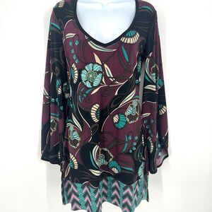Bisou Bisou Tunic Dress Bell Sleeves Purple Teal Size S